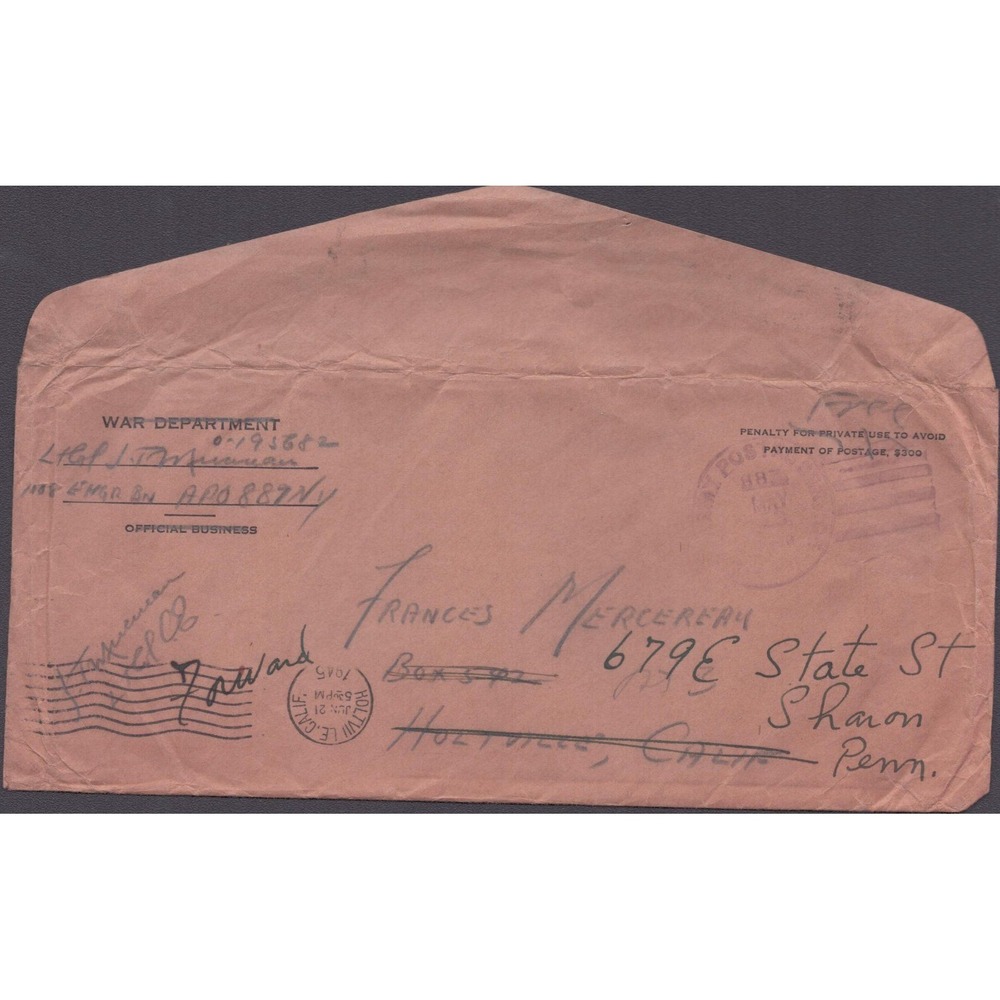 108th Engr Bn WWII War Department Envelope Lt Col Mercereau APO 887 1945
